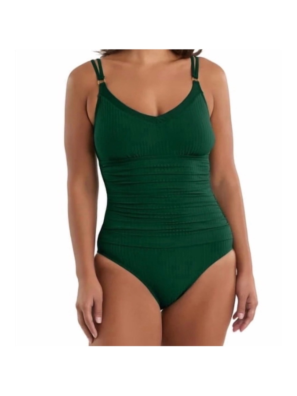 Ellen Tracy Forest Green Ribbed V-Neck One-Piece Swimsuit